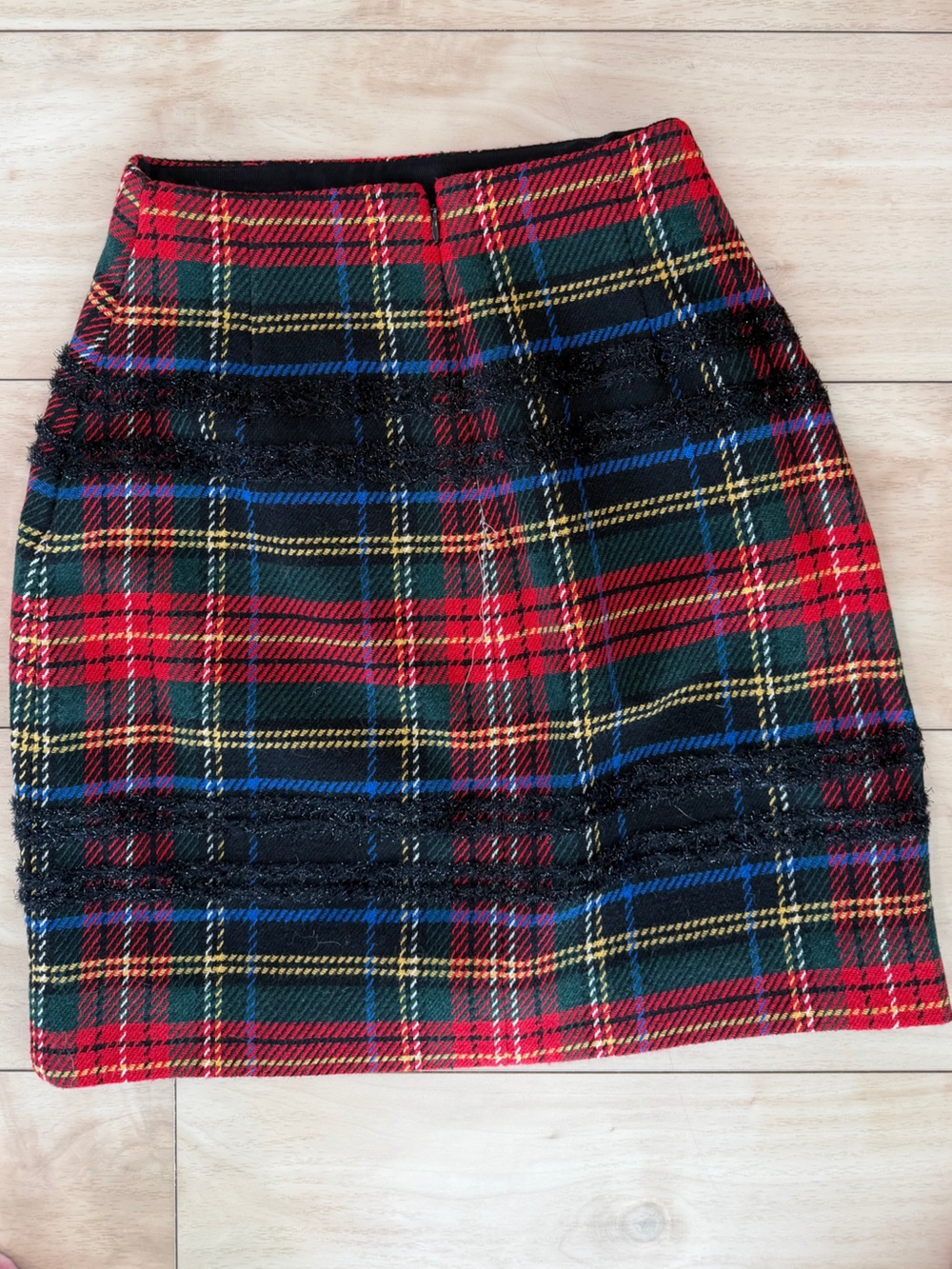 J. Crew Red Tartan Plaid Mini Skirt with Black Fringe